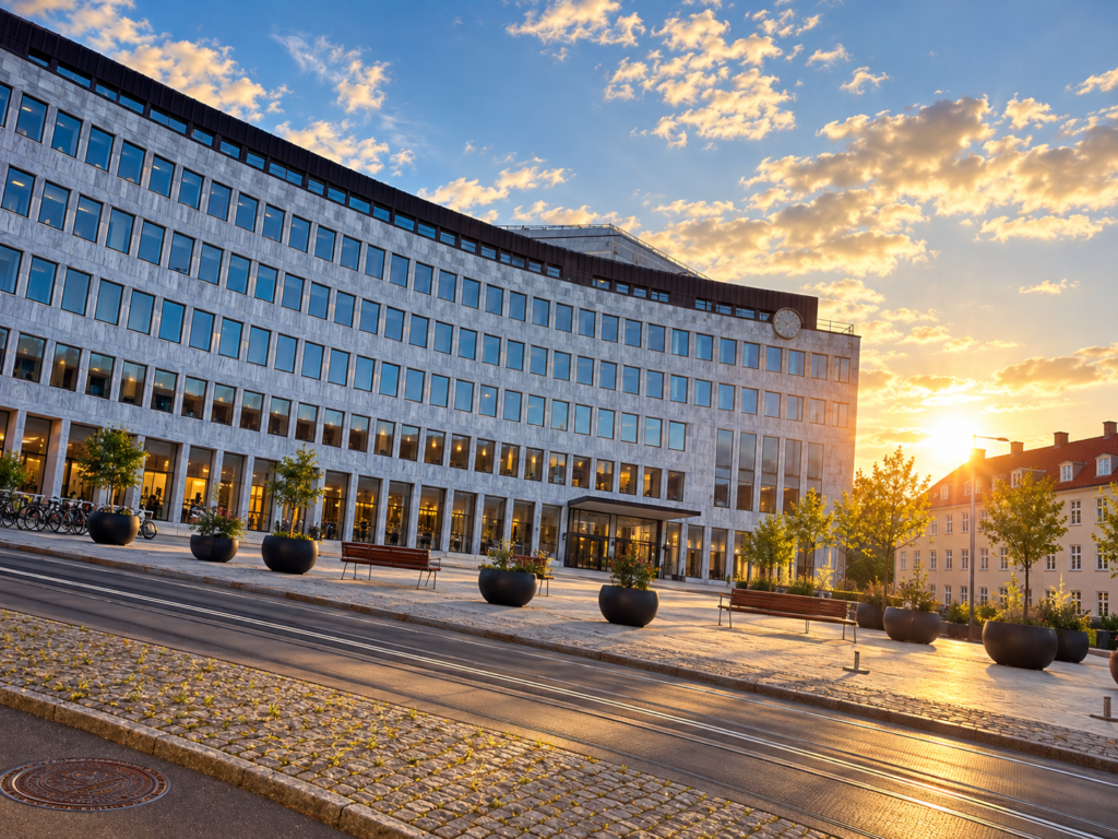Nyrenoveret Rådhus i Lyngby med solen i baggrunden.